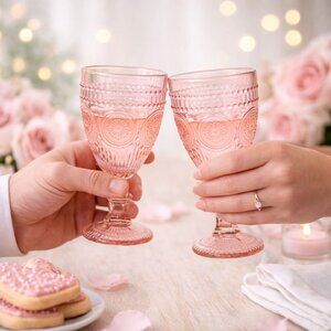 Blush Pink Glass Goblets Vintage Style Set of 2 Romantic Valentine Toasting Deco